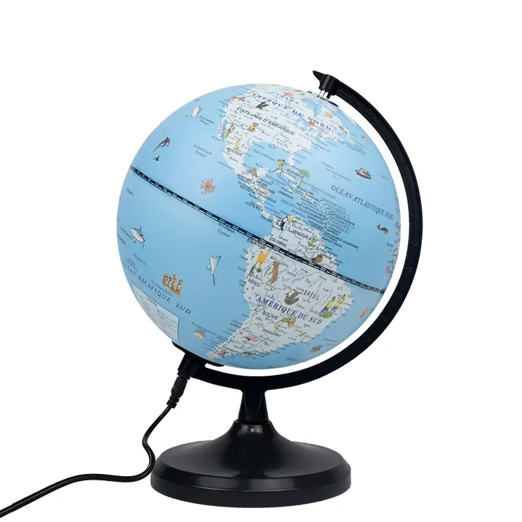 20cm (8") French Language Cartoon World Globe with Black Painted Metal Base & Meridian detail view 2